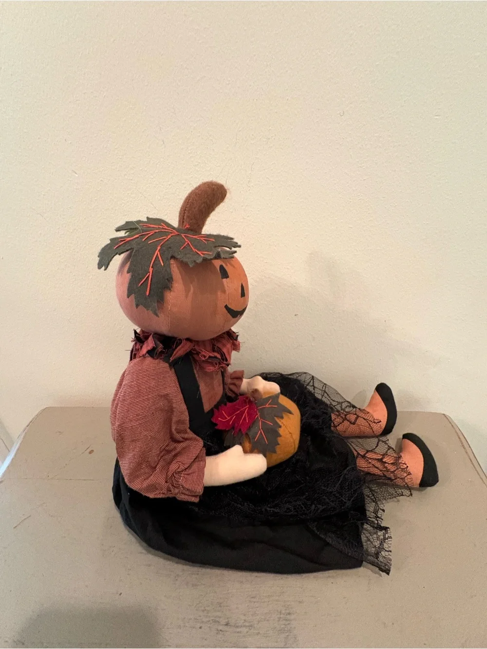 VTG Primitive Halloween Pumpkin Folk Art Girl Doll
